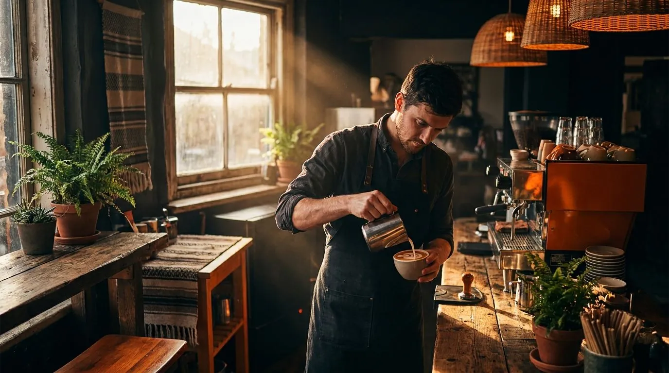 Barista sirviendo latte art en una cafetería de especialidad con interior de madera
