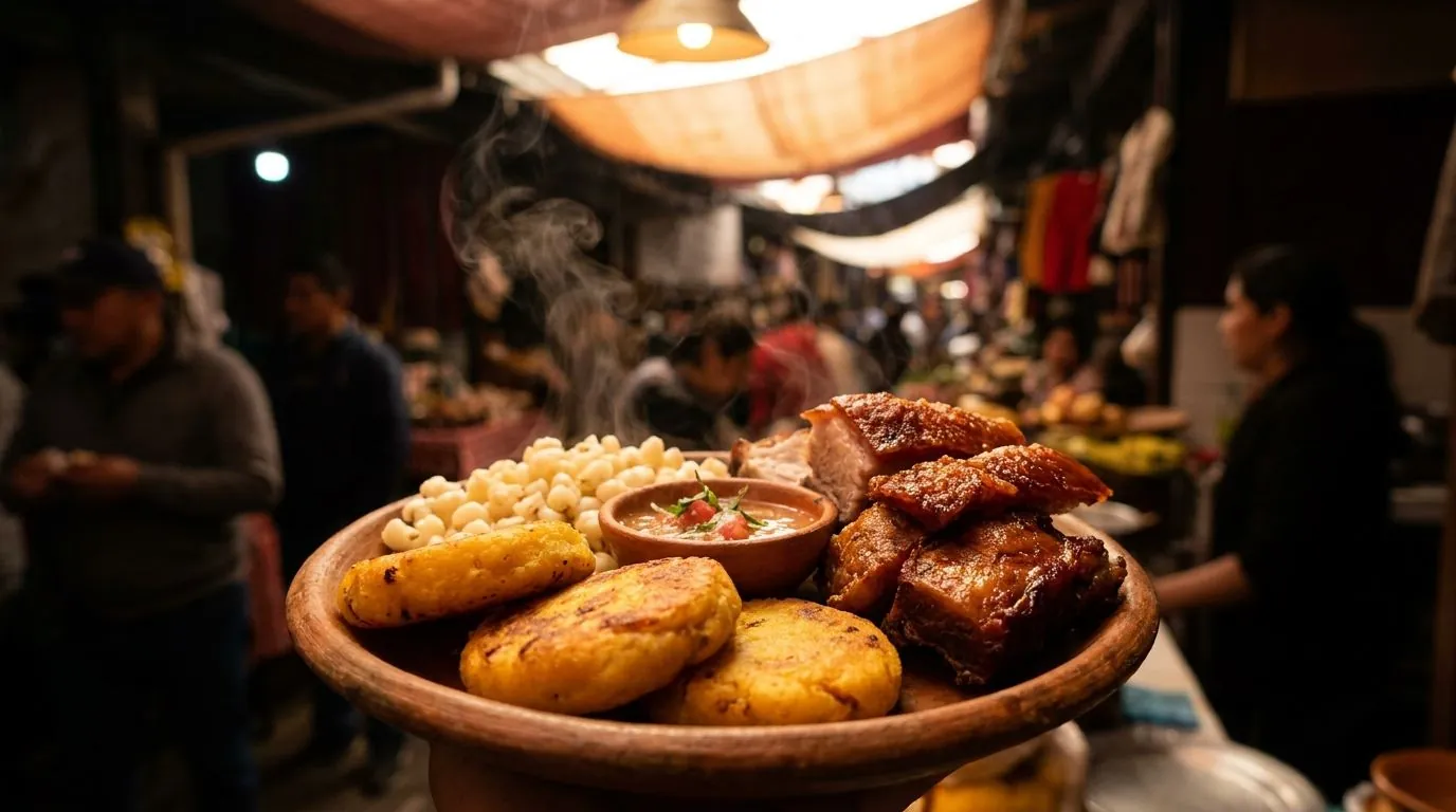 Hornado con llapingachos y mote en un plato rústico de mercado quiteño