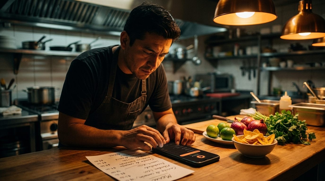 Restaurant owner building their digital menu from a phone in the kitchen