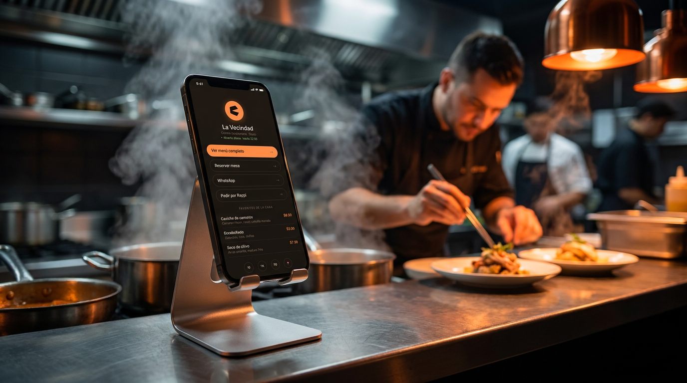 Phone showing Apetí orders at a restaurant kitchen pass