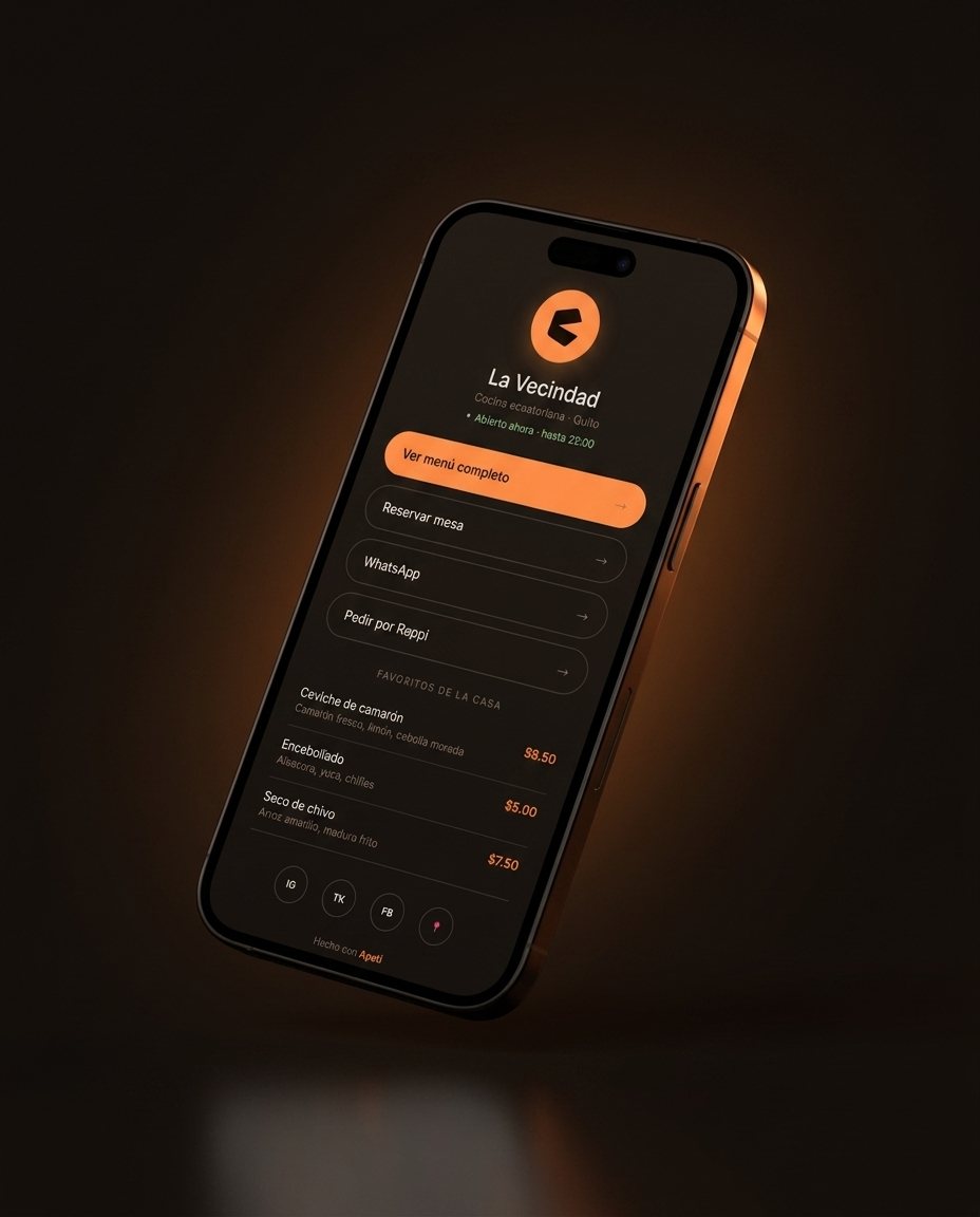 Phone showing a restaurant's page on Apetí: menu, reservations and WhatsApp in a single link