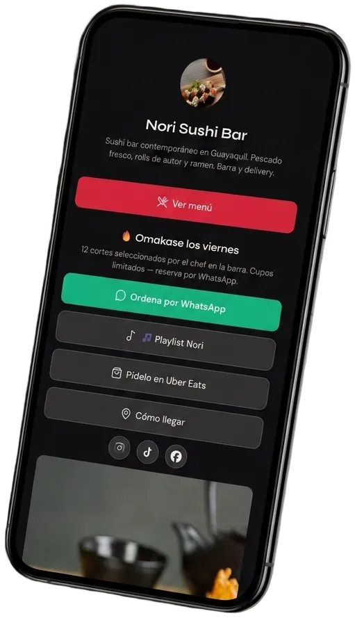 Teléfono mostrando la página real de un restaurante en Apetí: menú, pedidos por WhatsApp y delivery en un solo link
