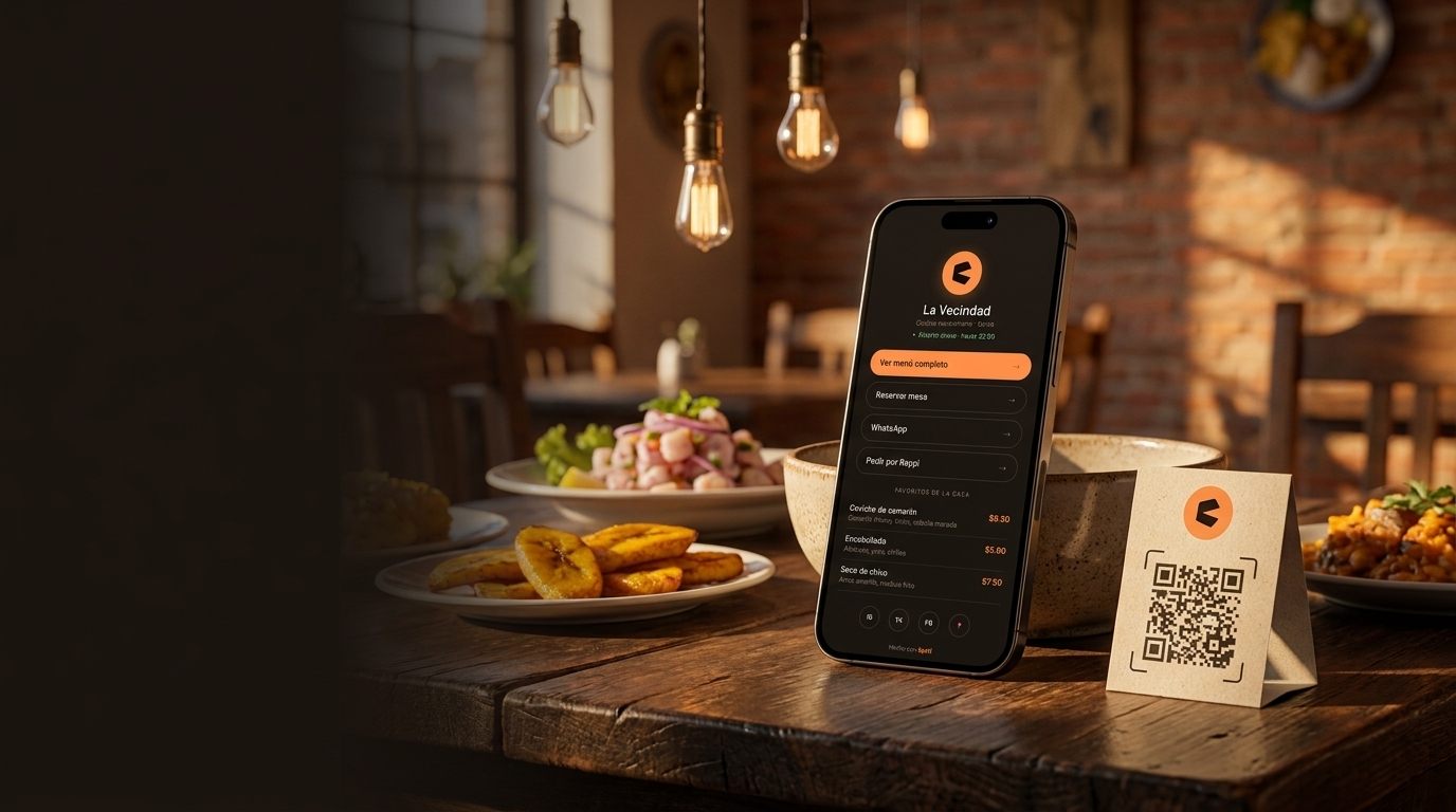 Teléfono mostrando un menú digital de Apetí junto a un código QR en una mesa de restaurante